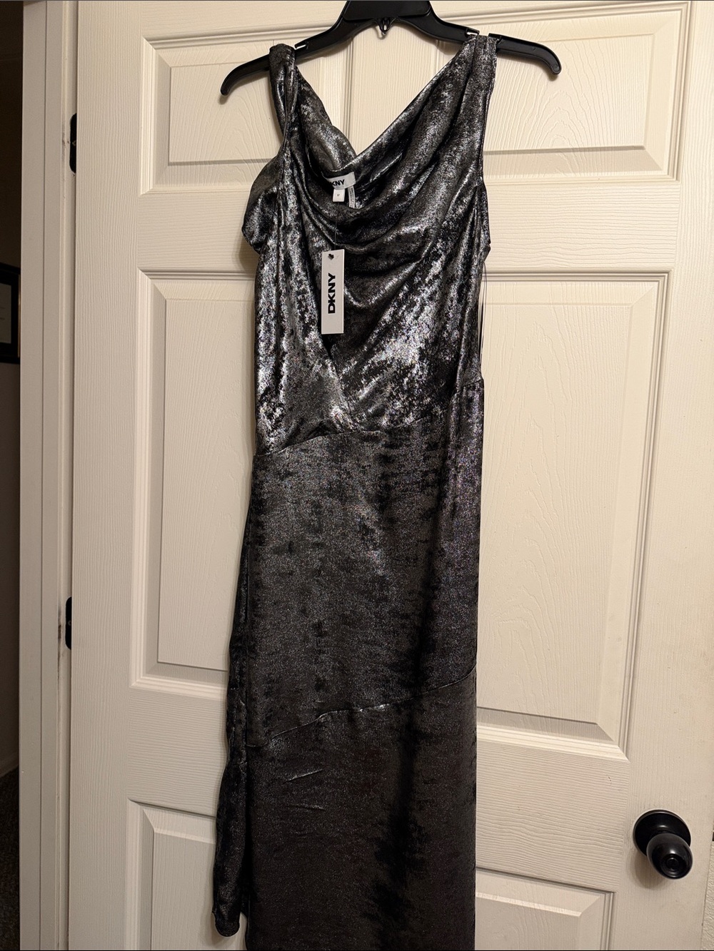 DKNY Metallic Silver Velvet Cowl Neck Maxi Dress